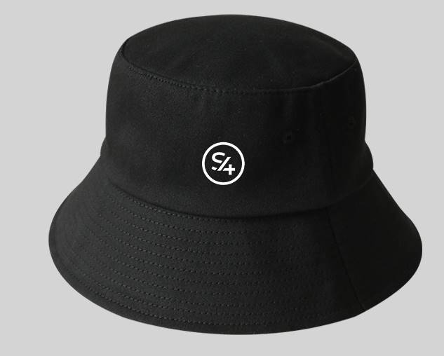 Black bucket hat with white S4 circular logo